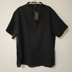 NWT Luc Matton Mens Linen Cotton Casual Shirt Black Short Sleeve 3/4 Button XXL